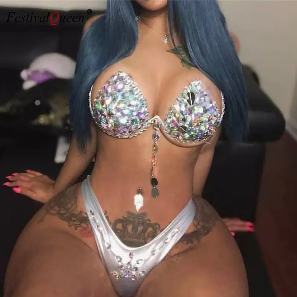 Beautiful carnival rave festival outfit with jewels EDC Coachella Bathing suit